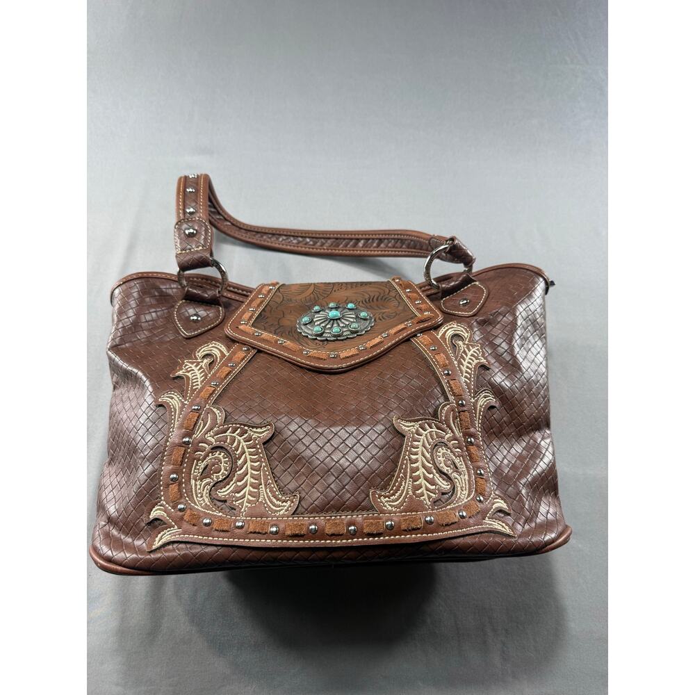 Western Tooled Brown Satchel Bag Turquoise Concho Studded Boho faux leather